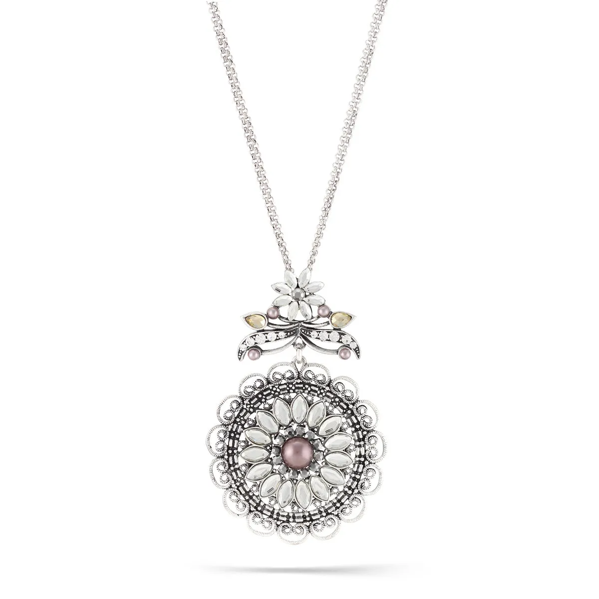 GREY PEARL AND WHITE CRYSTAL FILIGREE PENDANT NECKLACES #246GR1501 (1D12/1C10)