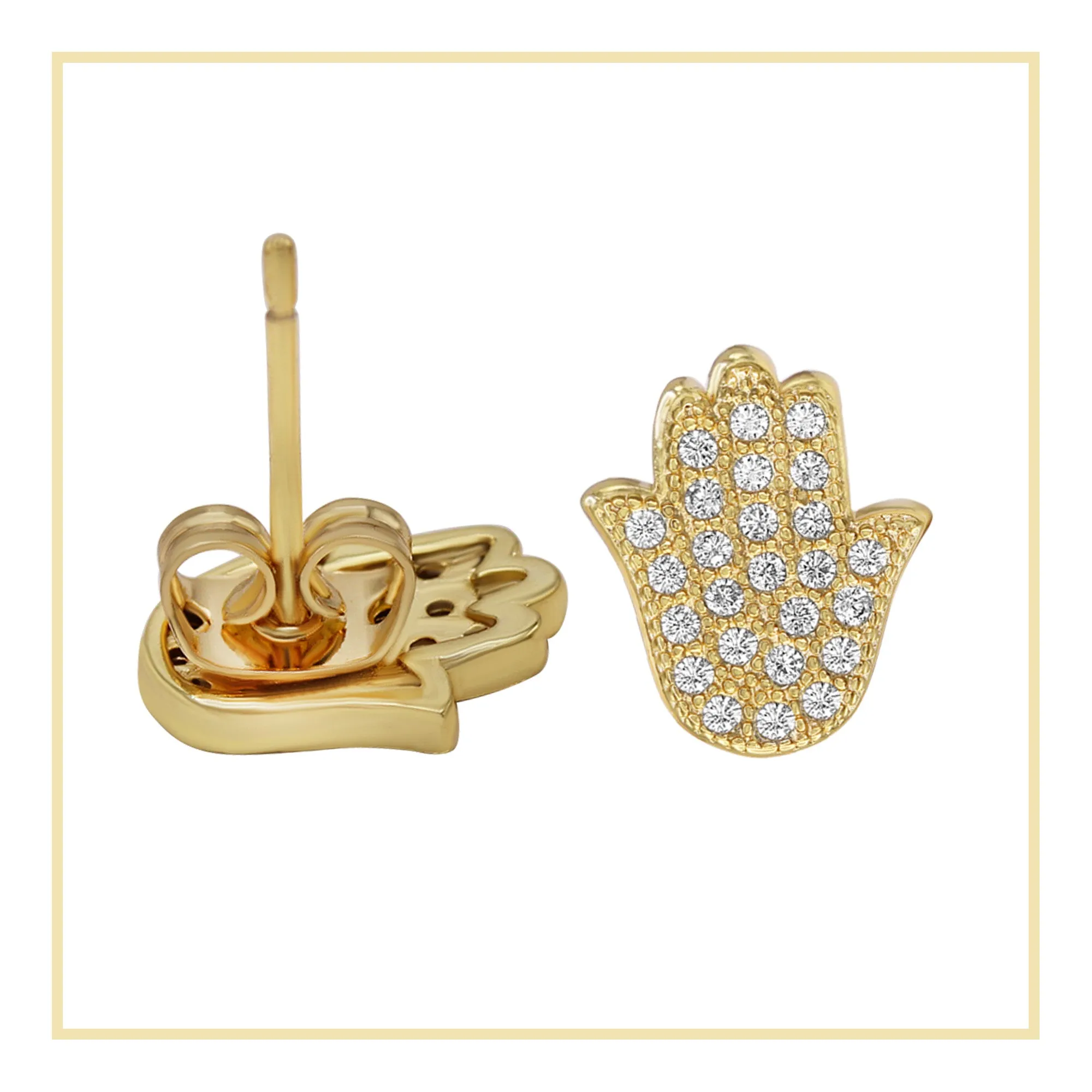 Hamsa Hand Stud 14K Gold Plated Stud Earrings Cubic Zirconia Jewelry Men Women