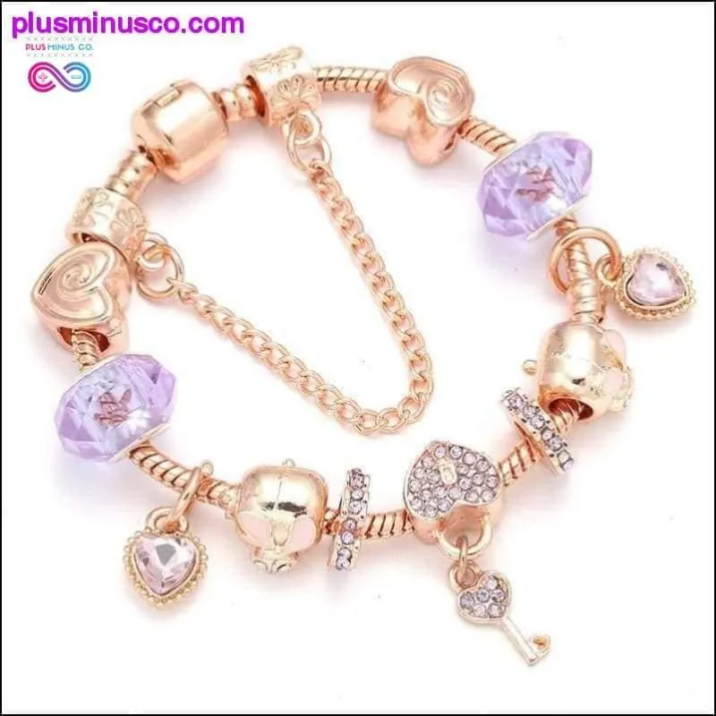Heart & Key Pendant Rose Gold Color Fine Bracelets & Bangles