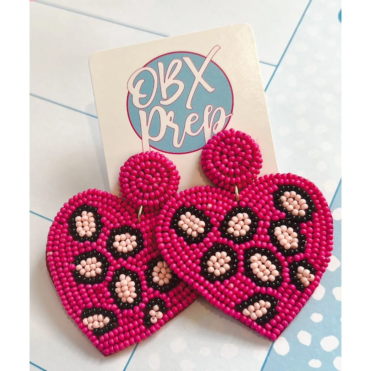 Heart Leopard Seed Beaded Drop Earrings S