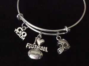 I Love Football Expandable Silver Charm Bracelet Adjustable Wire Bangle Football Helmet