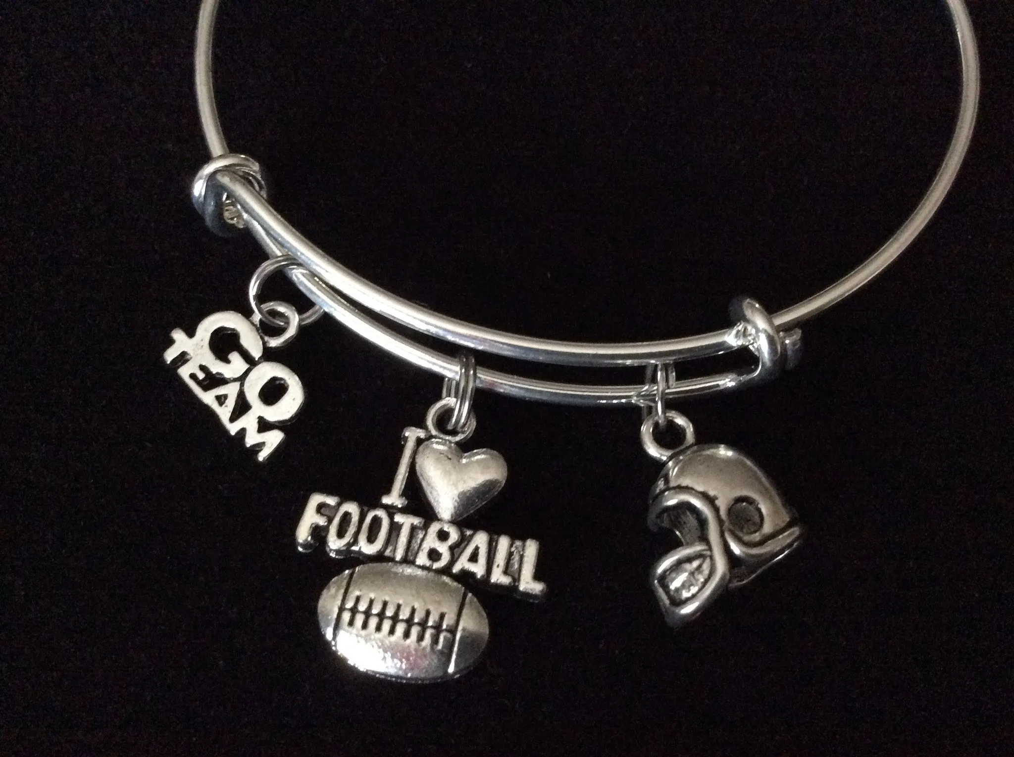 I Love Football Expandable Silver Charm Bracelet Adjustable Wire Bangle Football Helmet