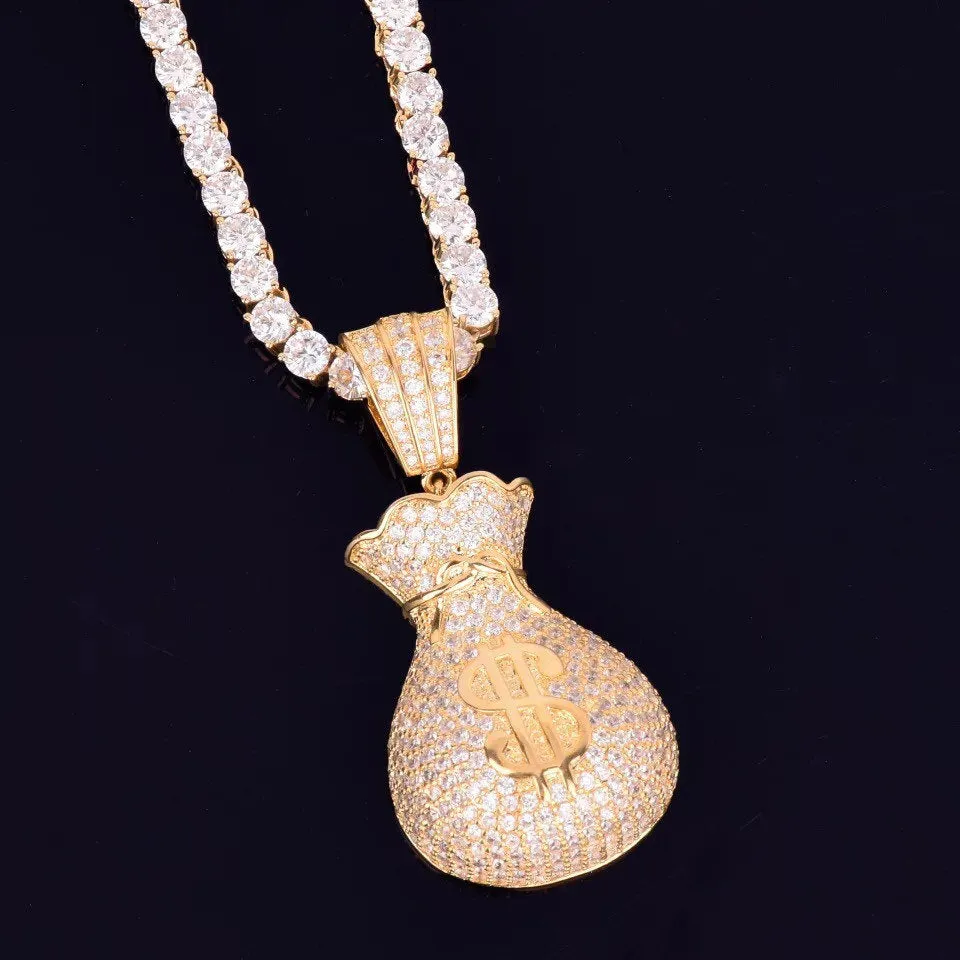 Iced bling Dollar bag Pendant Necklace Tennis Chain ,tennis choker dollar money bag choker necklace ,chain Gold Silver Bling Cubic Zircon