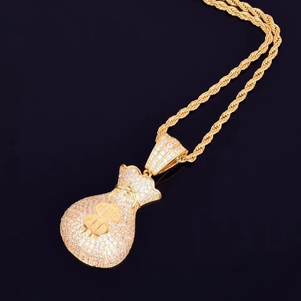 Iced bling Dollar bag Pendant Necklace Tennis Chain ,tennis choker dollar money bag choker necklace ,chain Gold Silver Bling Cubic Zircon