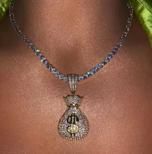 Iced bling Dollar bag Pendant Necklace Tennis Chain ,tennis choker dollar money bag choker necklace ,chain Gold Silver Bling Cubic Zircon