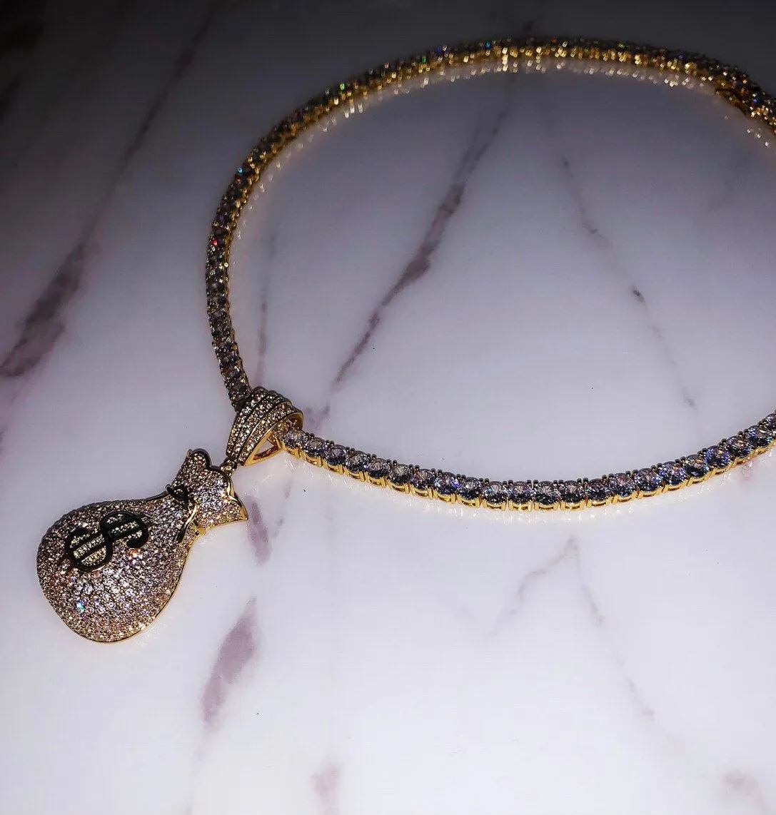 Iced bling Dollar bag Pendant Necklace Tennis Chain ,tennis choker dollar money bag choker necklace ,chain Gold Silver Bling Cubic Zircon