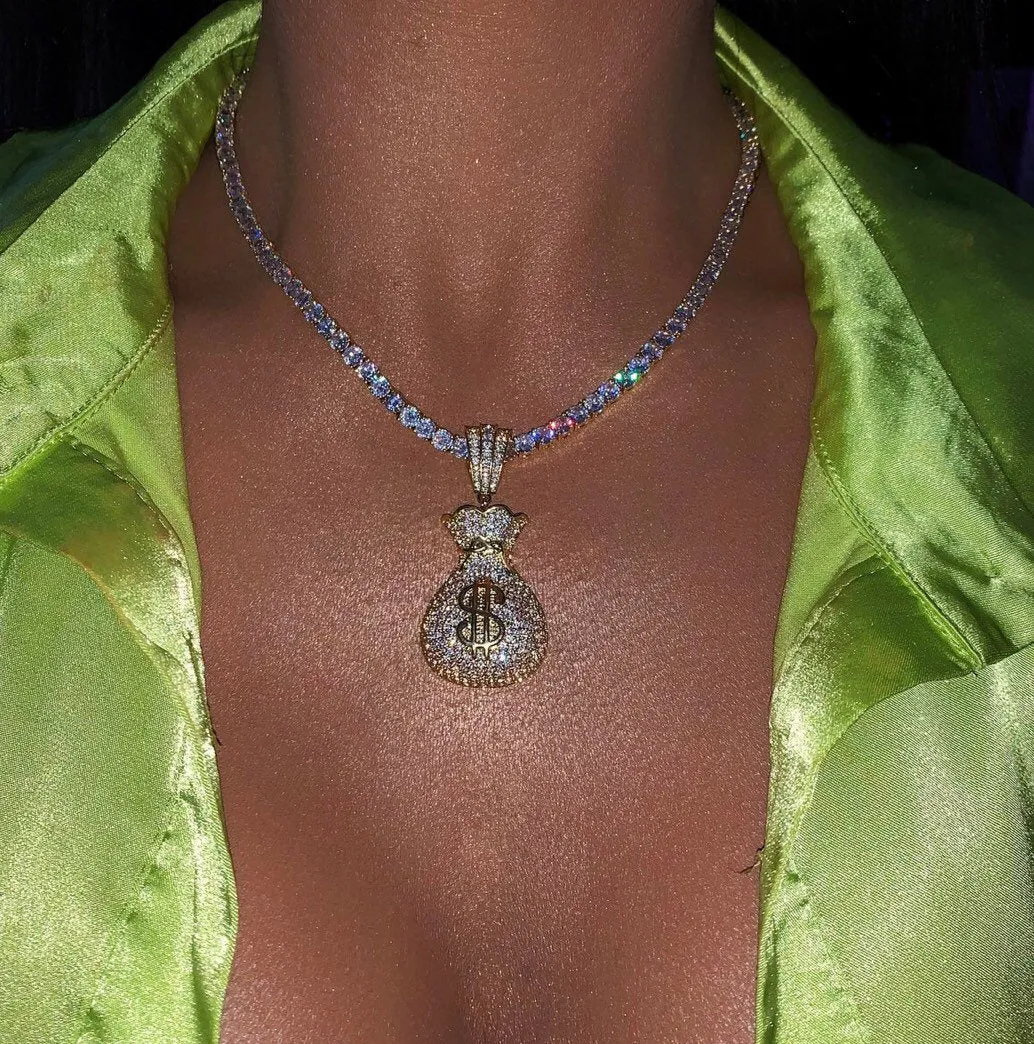 Iced bling Dollar bag Pendant Necklace Tennis Chain ,tennis choker dollar money bag choker necklace ,chain Gold Silver Bling Cubic Zircon
