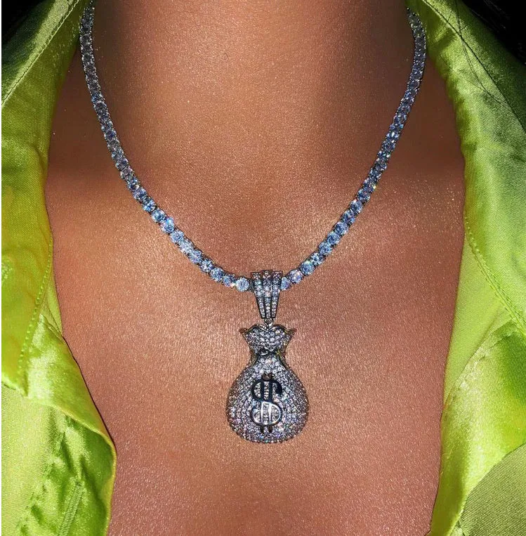 Iced bling Dollar bag Pendant Necklace Tennis Chain ,tennis choker dollar money bag choker necklace ,chain Gold Silver Bling Cubic Zircon
