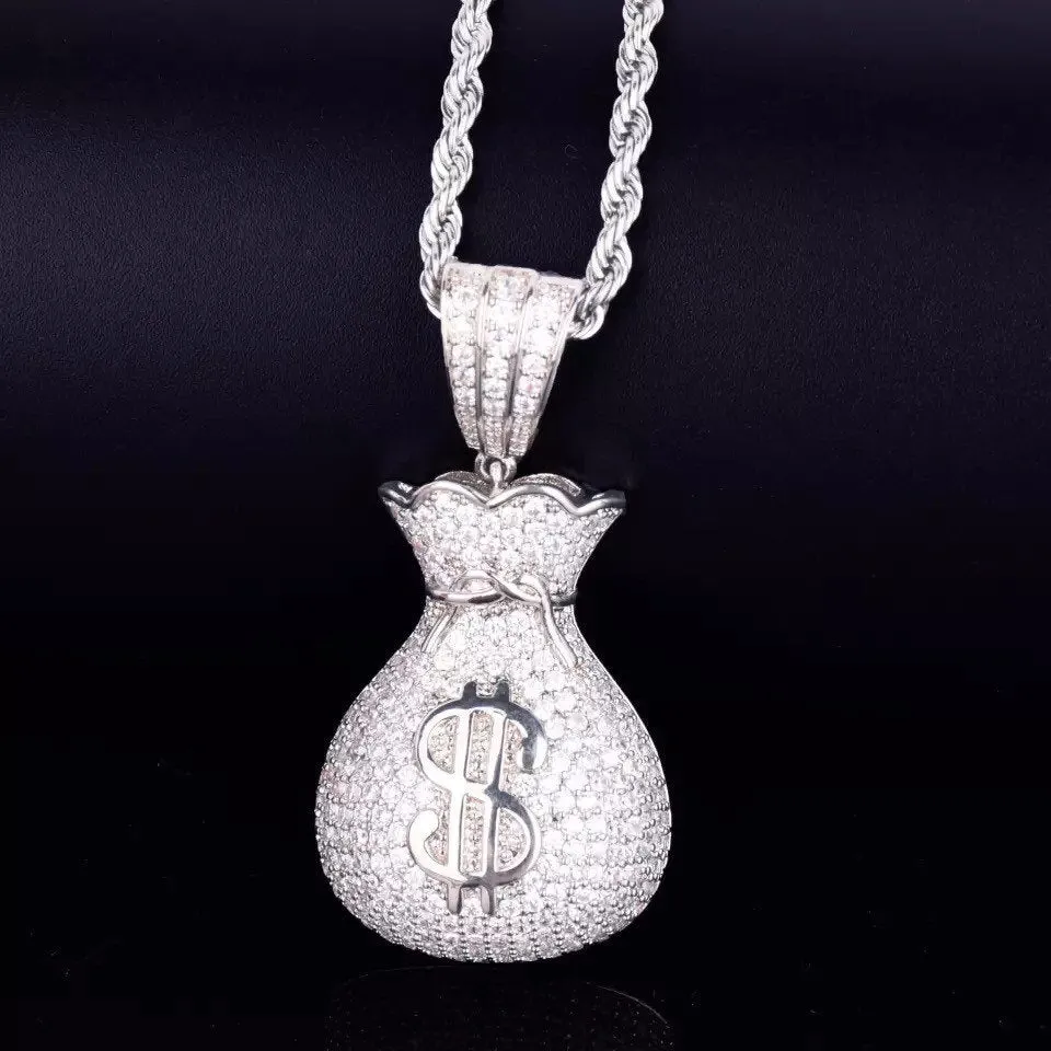 Iced bling Dollar bag Pendant Necklace Tennis Chain ,tennis choker dollar money bag choker necklace ,chain Gold Silver Bling Cubic Zircon