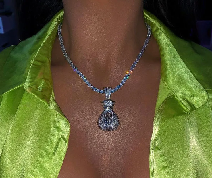 Iced bling Dollar bag Pendant Necklace Tennis Chain ,tennis choker dollar money bag choker necklace ,chain Gold Silver Bling Cubic Zircon