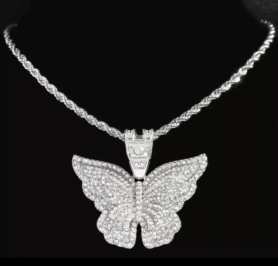 Iced Out Bling Big Butterfly Pendant Necklace