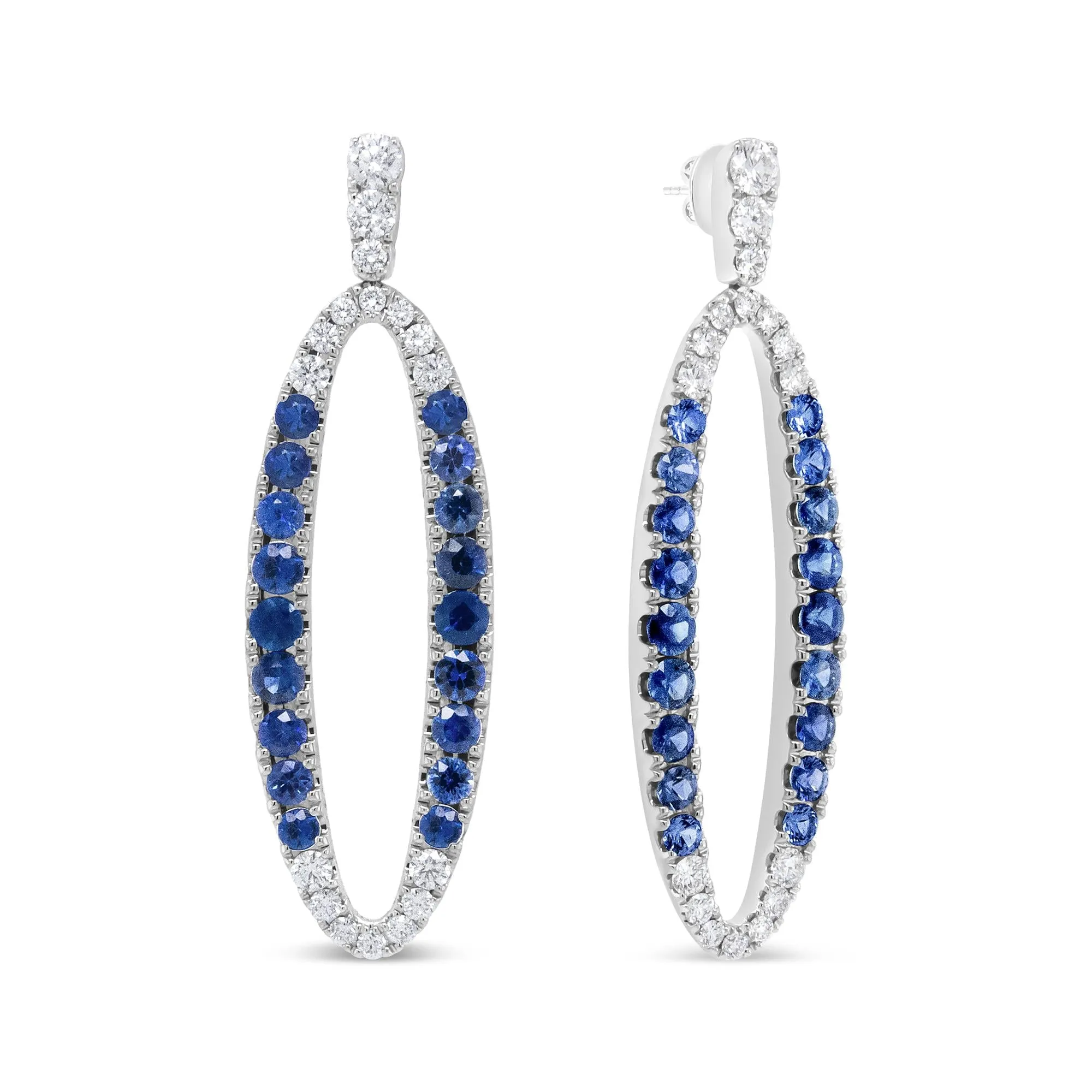 INFINITE JEWELS - Original 18K White Gold 1.11 Cttw Blue Round Diamond and Blue Sapphire Openwork Oval Shaped Dangle Earrings (F-G Color, VS1-VS2 C