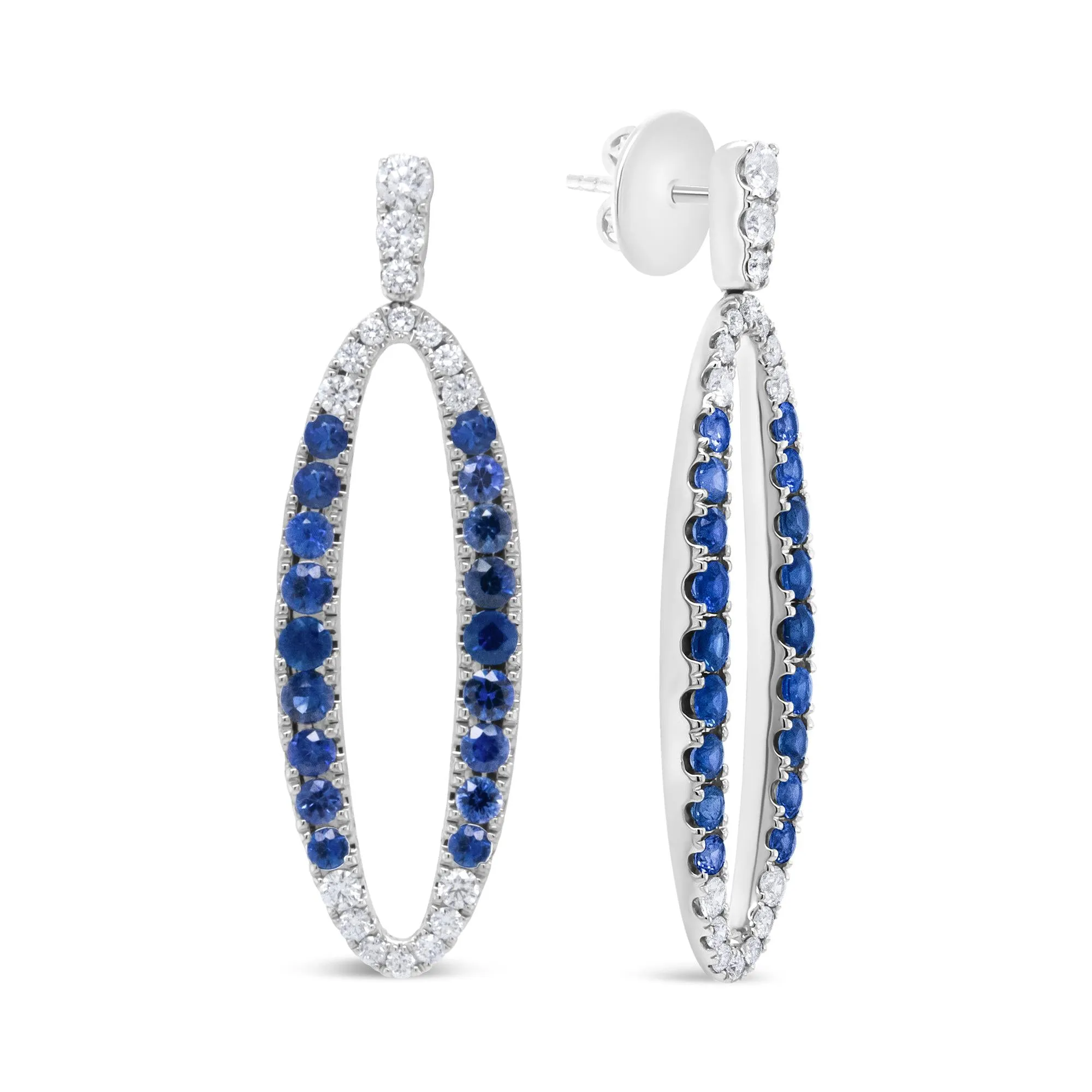 INFINITE JEWELS - Original 18K White Gold 1.11 Cttw Blue Round Diamond and Blue Sapphire Openwork Oval Shaped Dangle Earrings (F-G Color, VS1-VS2 C