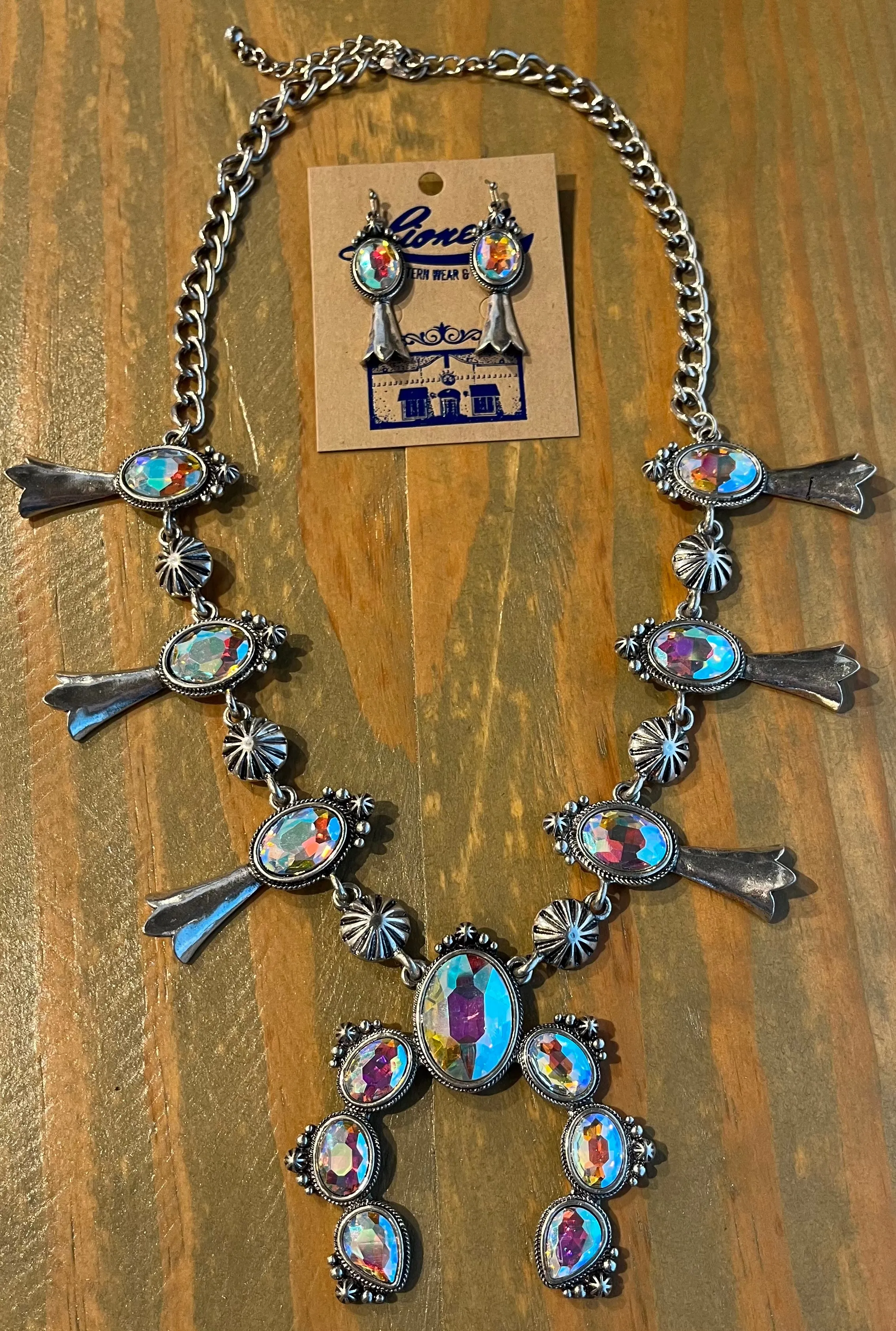 Iridescent Crystal Squash Blossom Necklace w/ Earrings