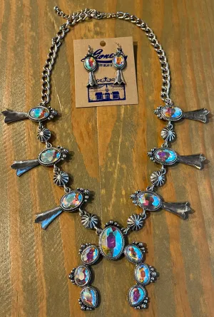 Iridescent Crystal Squash Blossom Necklace w/ Earrings