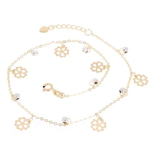 Italian 14k Two Tone Gold Flower & Ball Beads Charm Anklet Bracelet 10" 2.3g
