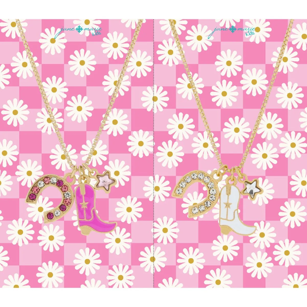 Jane Marie Kids Coordinating Crystal Horseshoes with Enamel Cowgirl oots and Mini Star Crystal Necklace