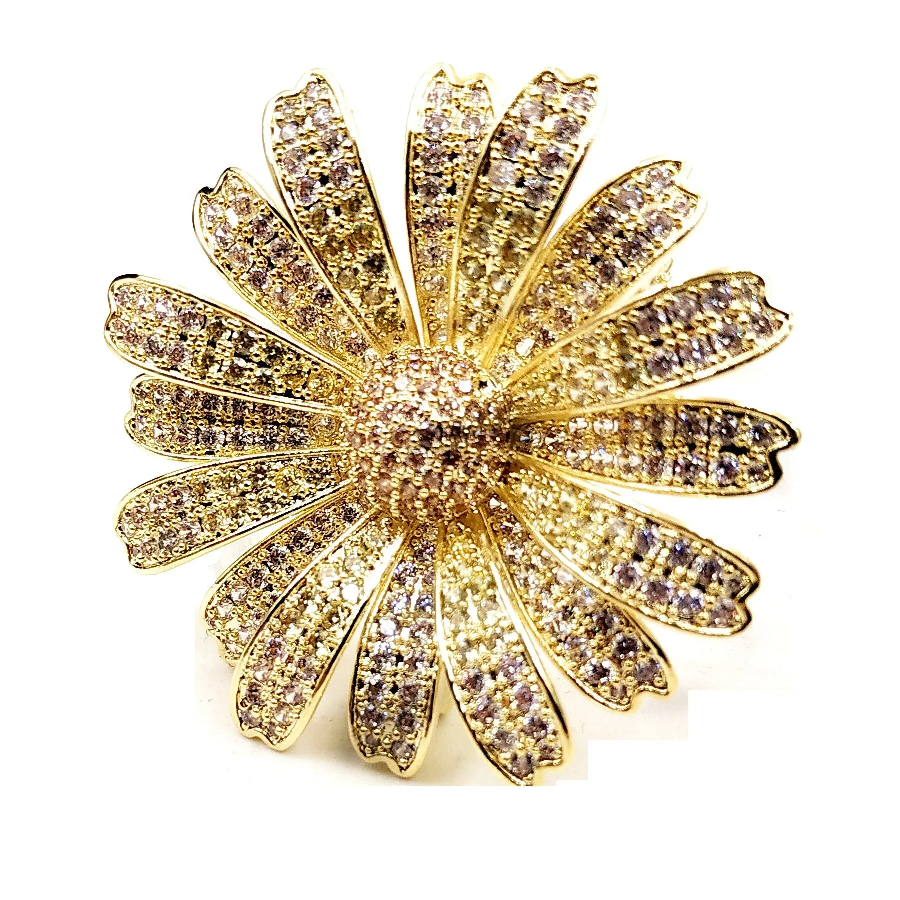 Jewelblings Gorgeous Full Micro Pave Clear CZ Multi Petal Golden Daisy Brooches Sun Flower Pins for Women Shawl Business Suit Formal Dress