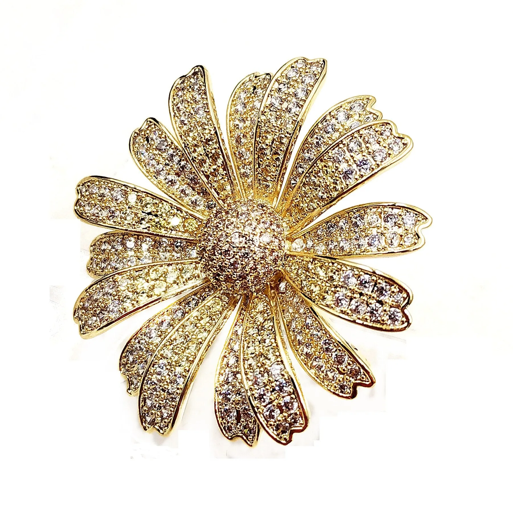 Jewelblings Gorgeous Full Micro Pave Clear CZ Multi Petal Golden Daisy Brooches Sun Flower Pins for Women Shawl Business Suit Formal Dress
