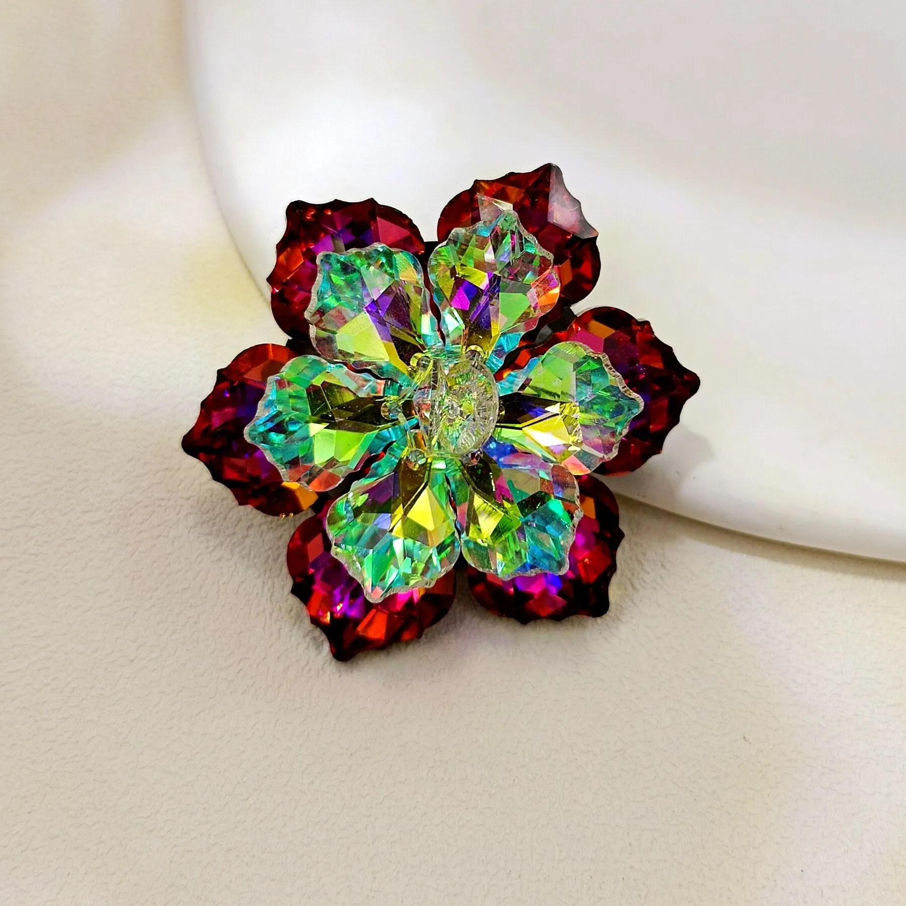 Jewelblings Shimmery Dark Red AB Crystalline Flower Ornament Brooches and Pins for Women Reflection Jewelry