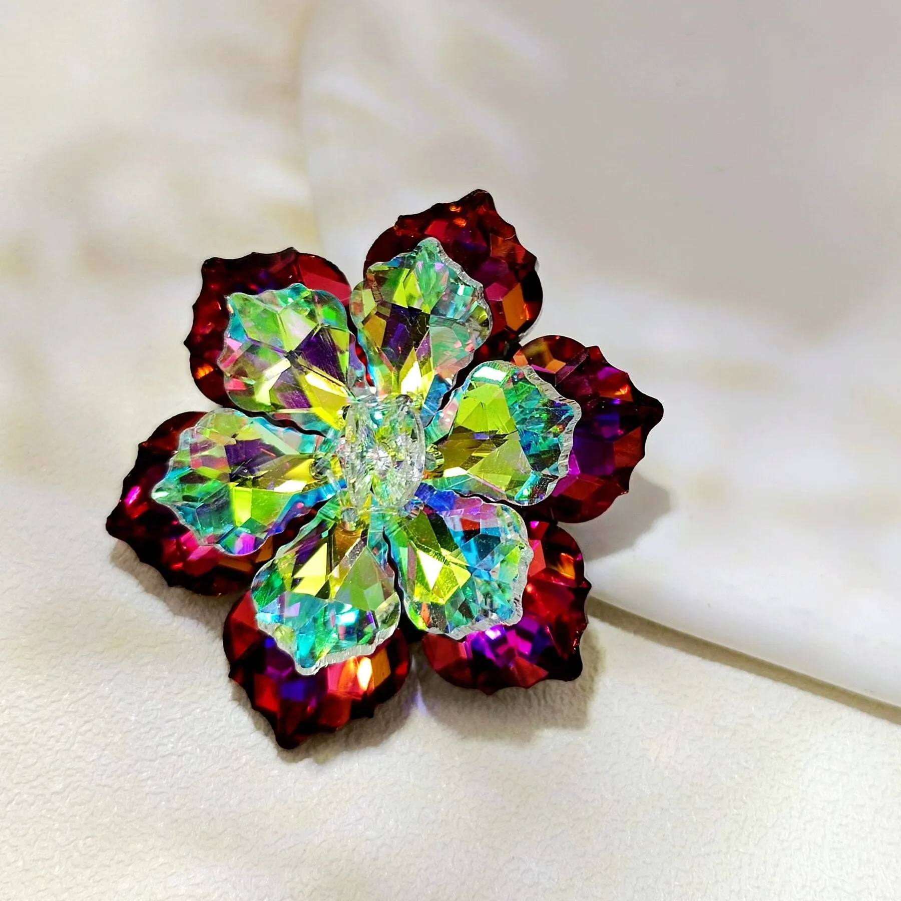 Jewelblings Shimmery Dark Red AB Crystalline Flower Ornament Brooches and Pins for Women Reflection Jewelry