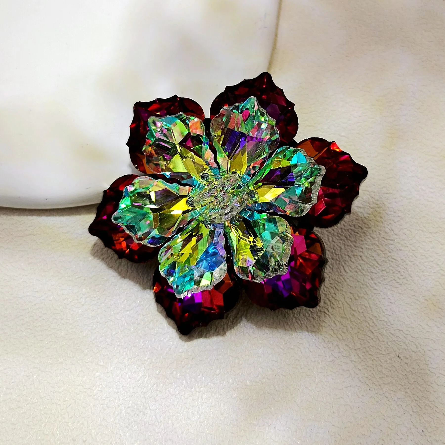 Jewelblings Shimmery Dark Red AB Crystalline Flower Ornament Brooches and Pins for Women Reflection Jewelry