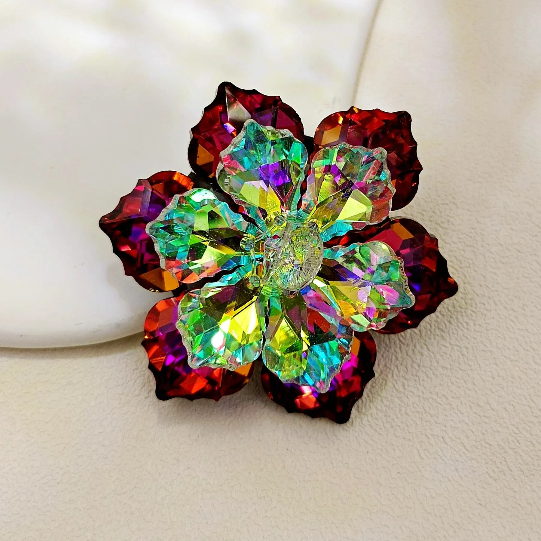 Jewelblings Shimmery Dark Red AB Crystalline Flower Ornament Brooches and Pins for Women Reflection Jewelry