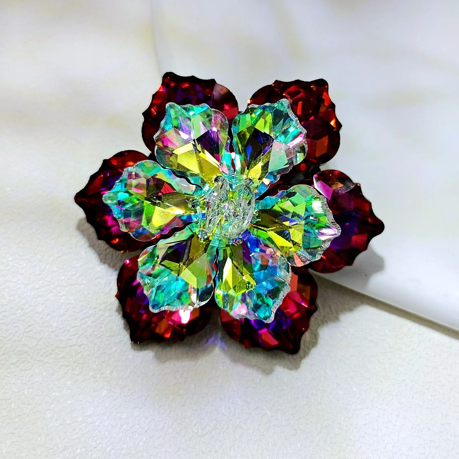 Jewelblings Shimmery Dark Red AB Crystalline Flower Ornament Brooches and Pins for Women Reflection Jewelry