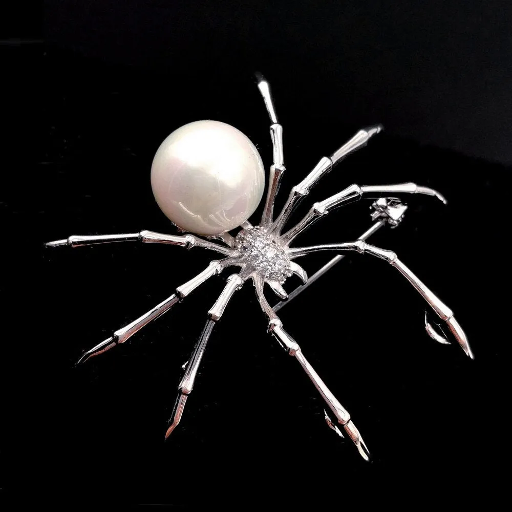 Jewelblings Victorian Vintage Micro Pave Clear CZ  Head Imitated White Pearl Spider Brooches Pins for Women Suit Halloween Costume Jewelry