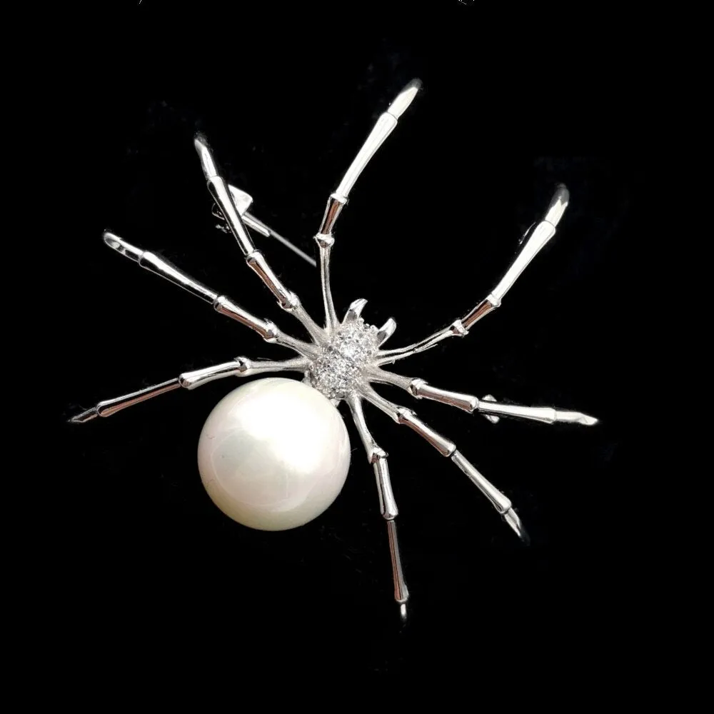 Jewelblings Victorian Vintage Micro Pave Clear CZ  Head Imitated White Pearl Spider Brooches Pins for Women Suit Halloween Costume Jewelry