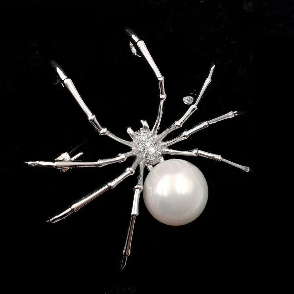 Jewelblings Victorian Vintage Micro Pave Clear CZ  Head Imitated White Pearl Spider Brooches Pins for Women Suit Halloween Costume Jewelry