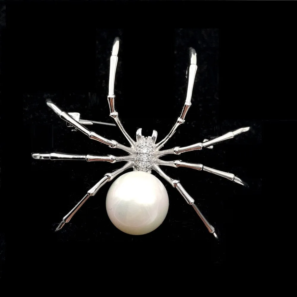 Jewelblings Victorian Vintage Micro Pave Clear CZ  Head Imitated White Pearl Spider Brooches Pins for Women Suit Halloween Costume Jewelry