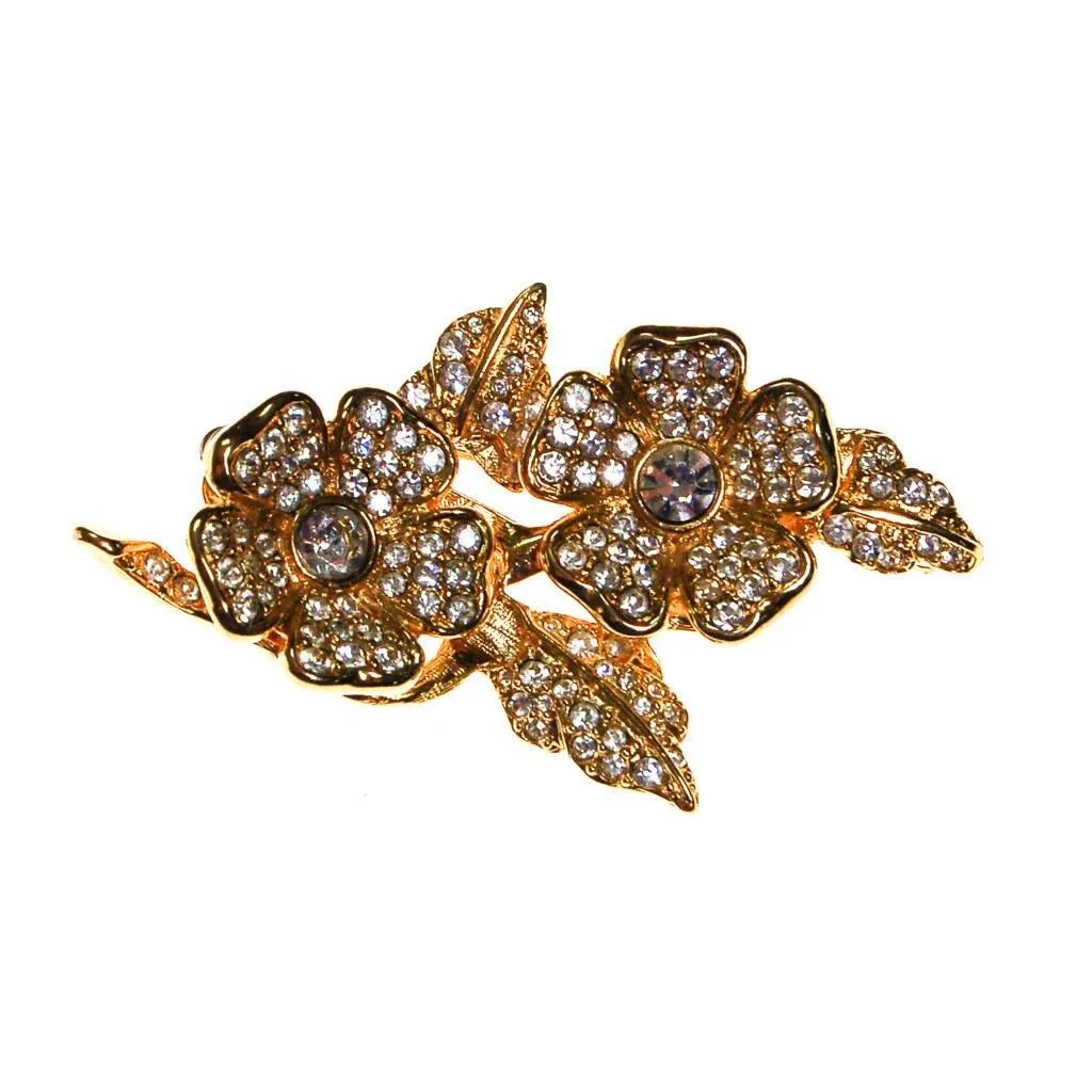 Joan Rivers Gold Flower Brooch with Rhinestones and Clip Earrings