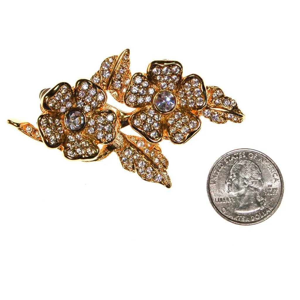 Joan Rivers Gold Flower Brooch with Rhinestones and Clip Earrings