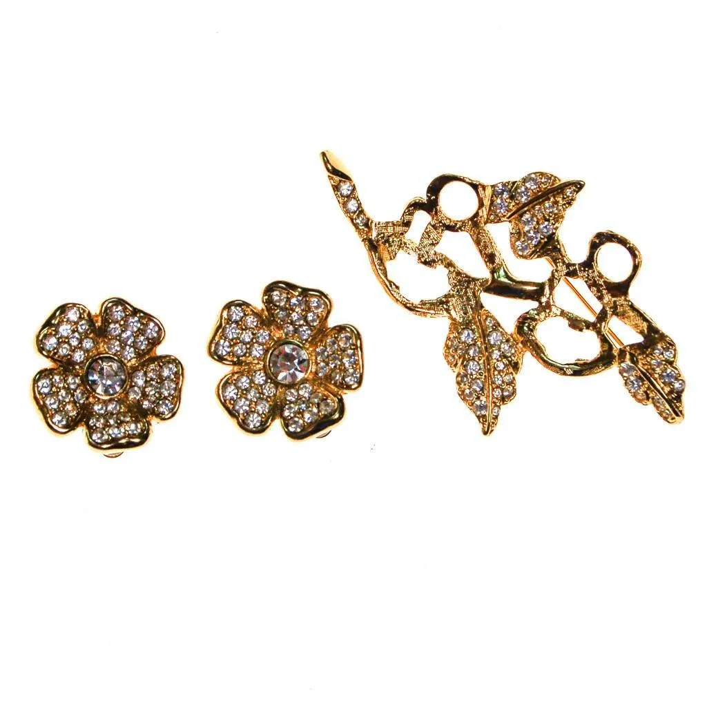 Joan Rivers Gold Flower Brooch with Rhinestones and Clip Earrings