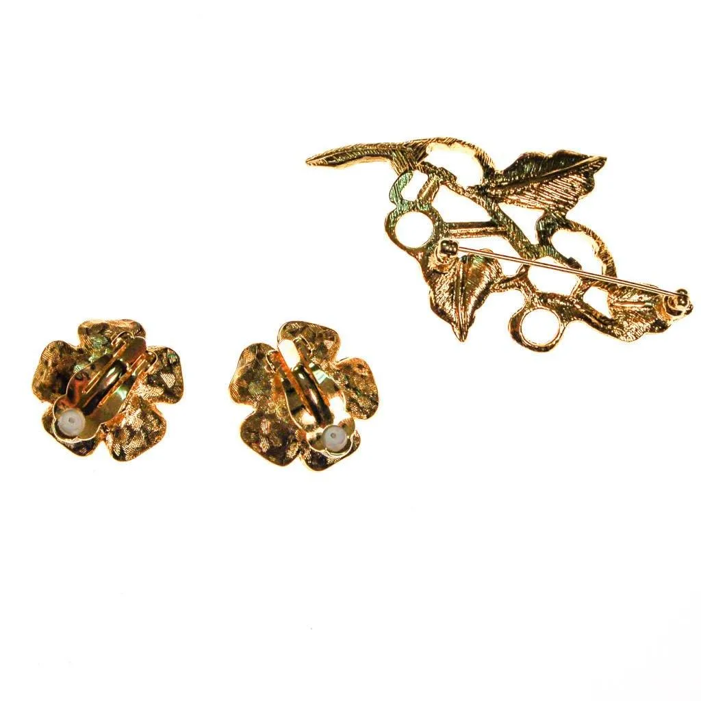 Joan Rivers Gold Flower Brooch with Rhinestones and Clip Earrings
