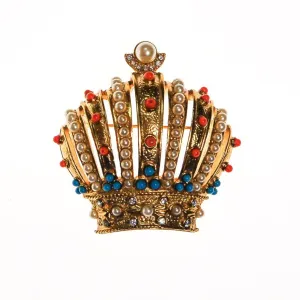Joan Rivers Royal Crown Brooch, Gold Tone, Coral, Turquoise, and Faux Seed Pearl Accents