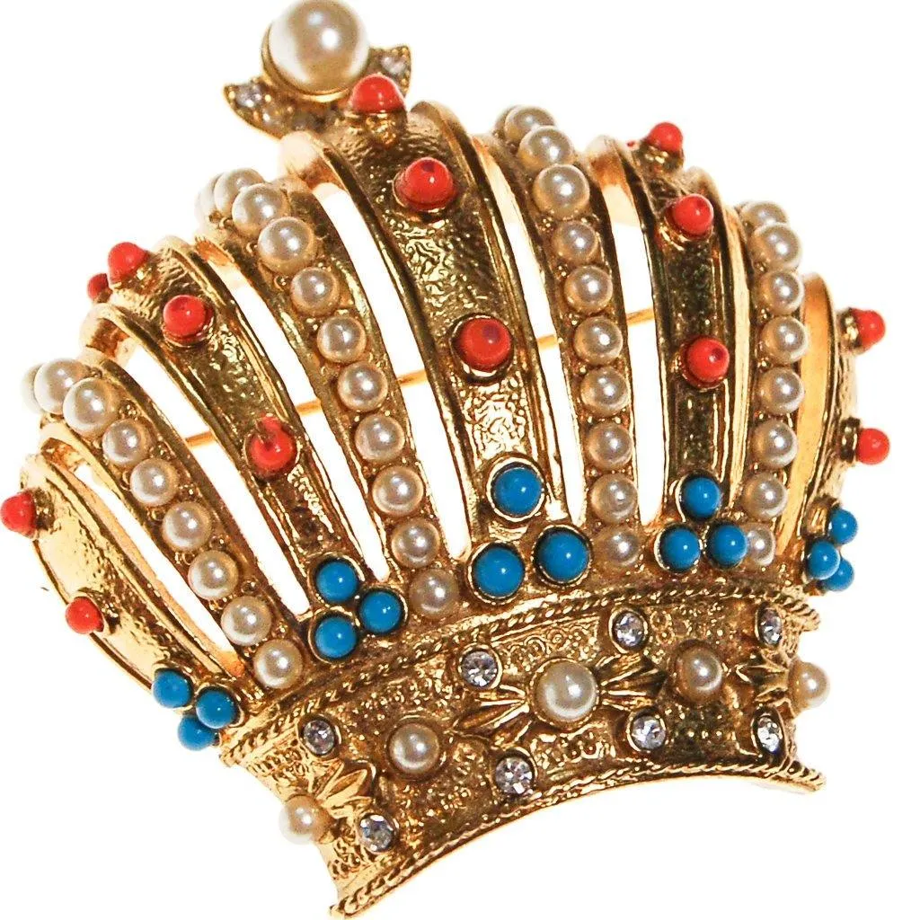 Joan Rivers Royal Crown Brooch, Gold Tone, Coral, Turquoise, and Faux Seed Pearl Accents