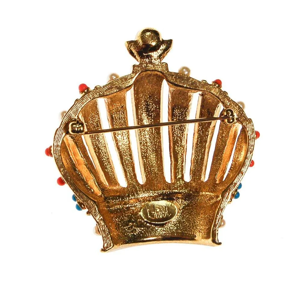 Joan Rivers Royal Crown Brooch, Gold Tone, Coral, Turquoise, and Faux Seed Pearl Accents