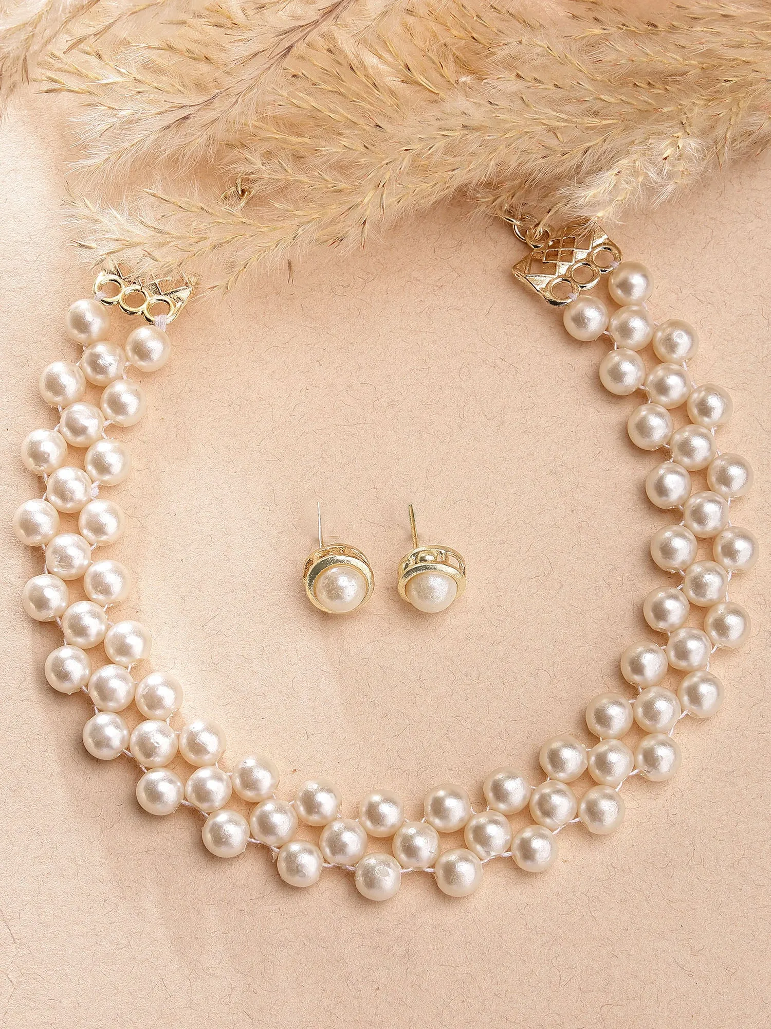 Karatcart Gold Plated Kundan Pearl Beaded Jali Choker Necklace for Women