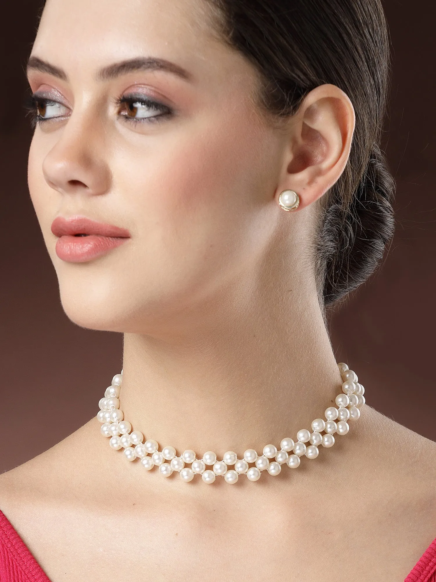 Karatcart Gold Plated Kundan Pearl Beaded Jali Choker Necklace for Women