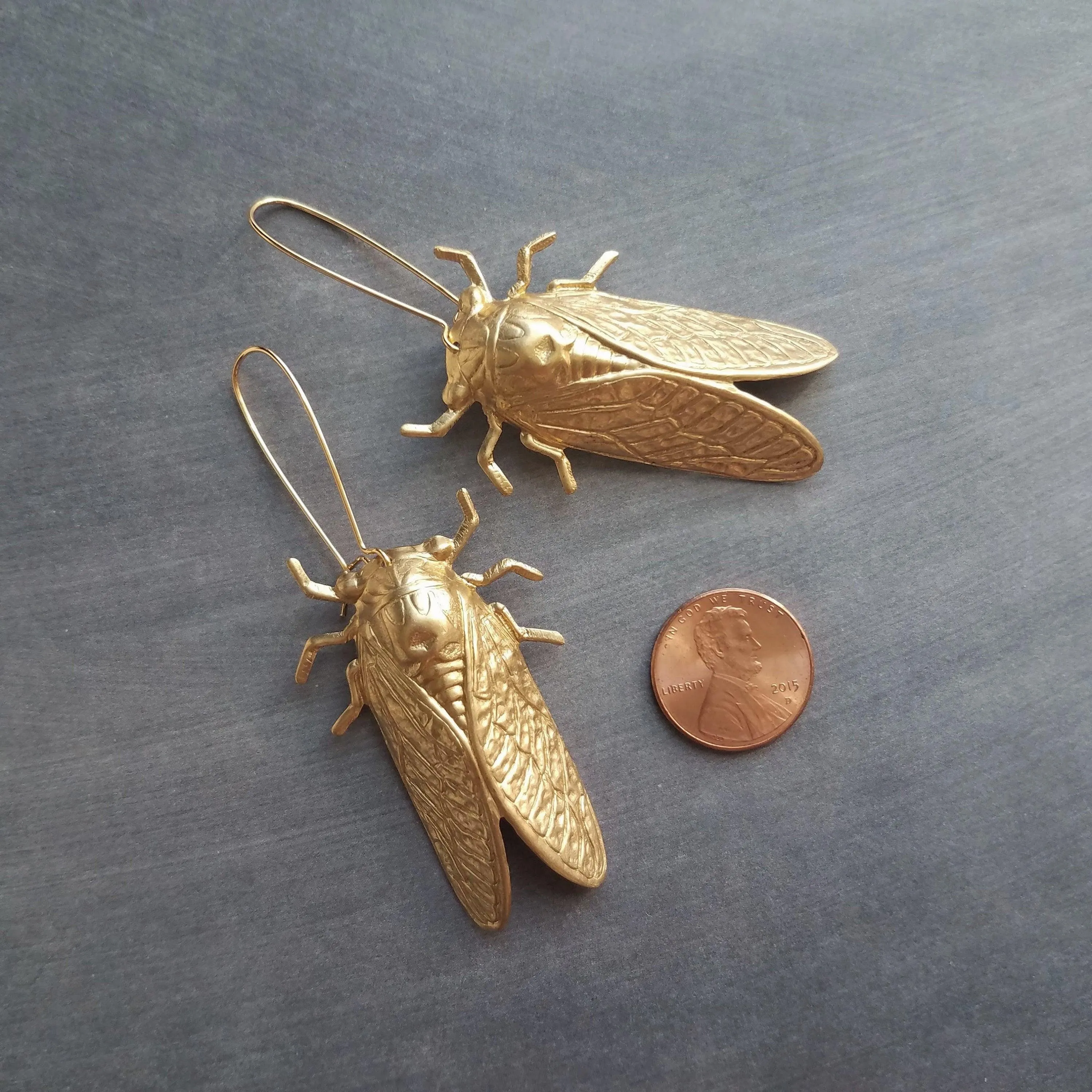 Large Cicada Earrings, gold bug earring, huge gold insect, big bug earring, gold insect jewelry, gold bug dangle, latching kidney ear hook