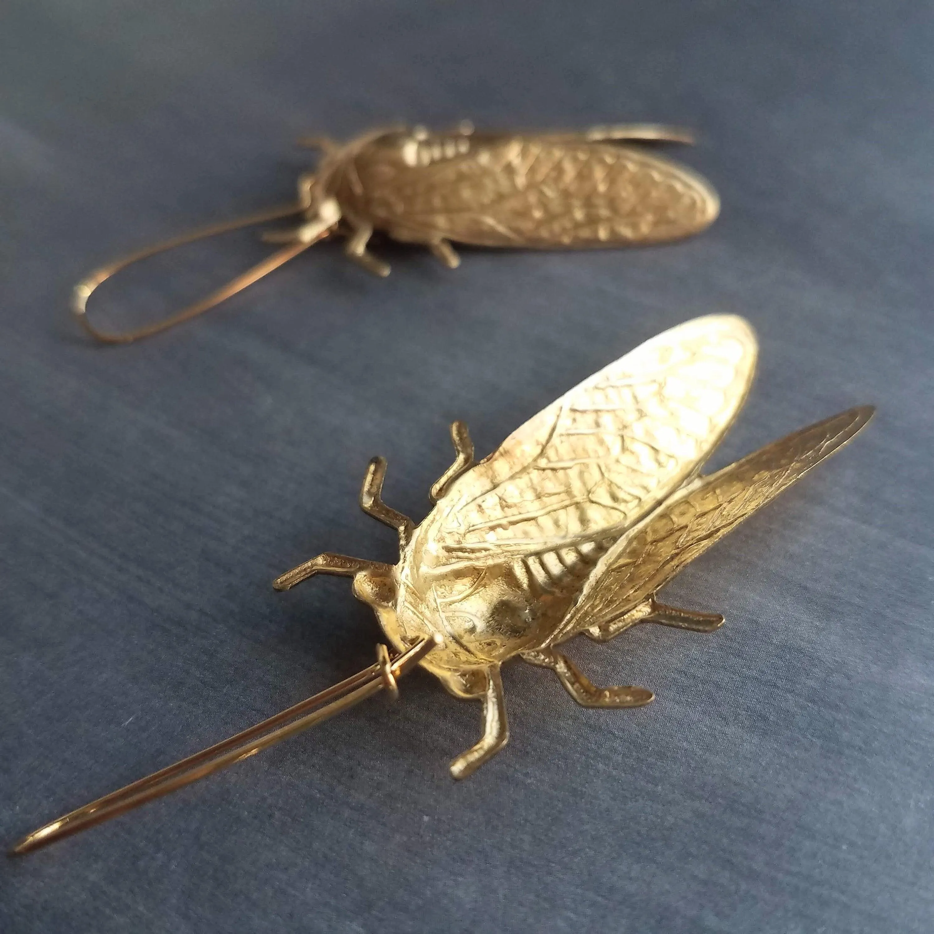 Large Cicada Earrings, gold bug earring, huge gold insect, big bug earring, gold insect jewelry, gold bug dangle, latching kidney ear hook