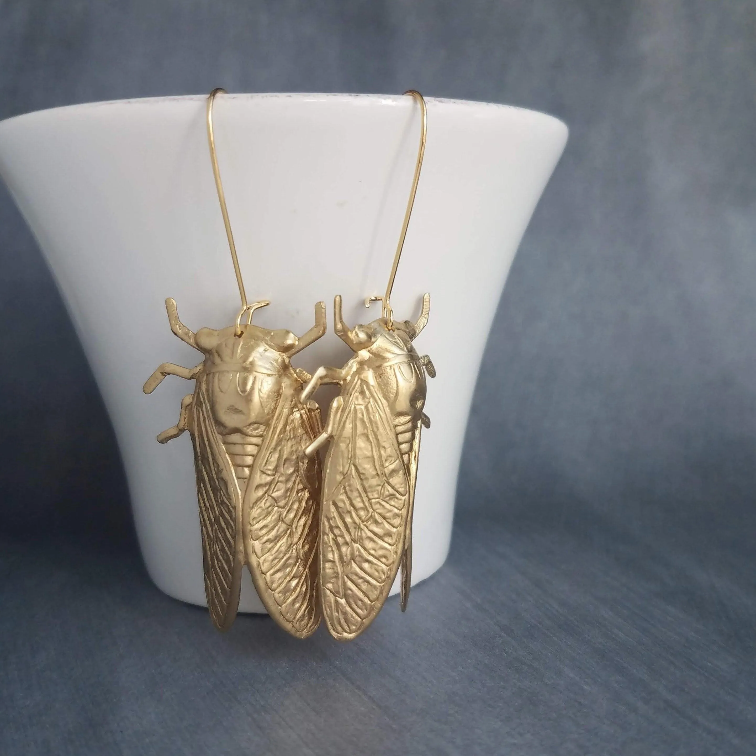 Large Cicada Earrings, gold bug earring, huge gold insect, big bug earring, gold insect jewelry, gold bug dangle, latching kidney ear hook