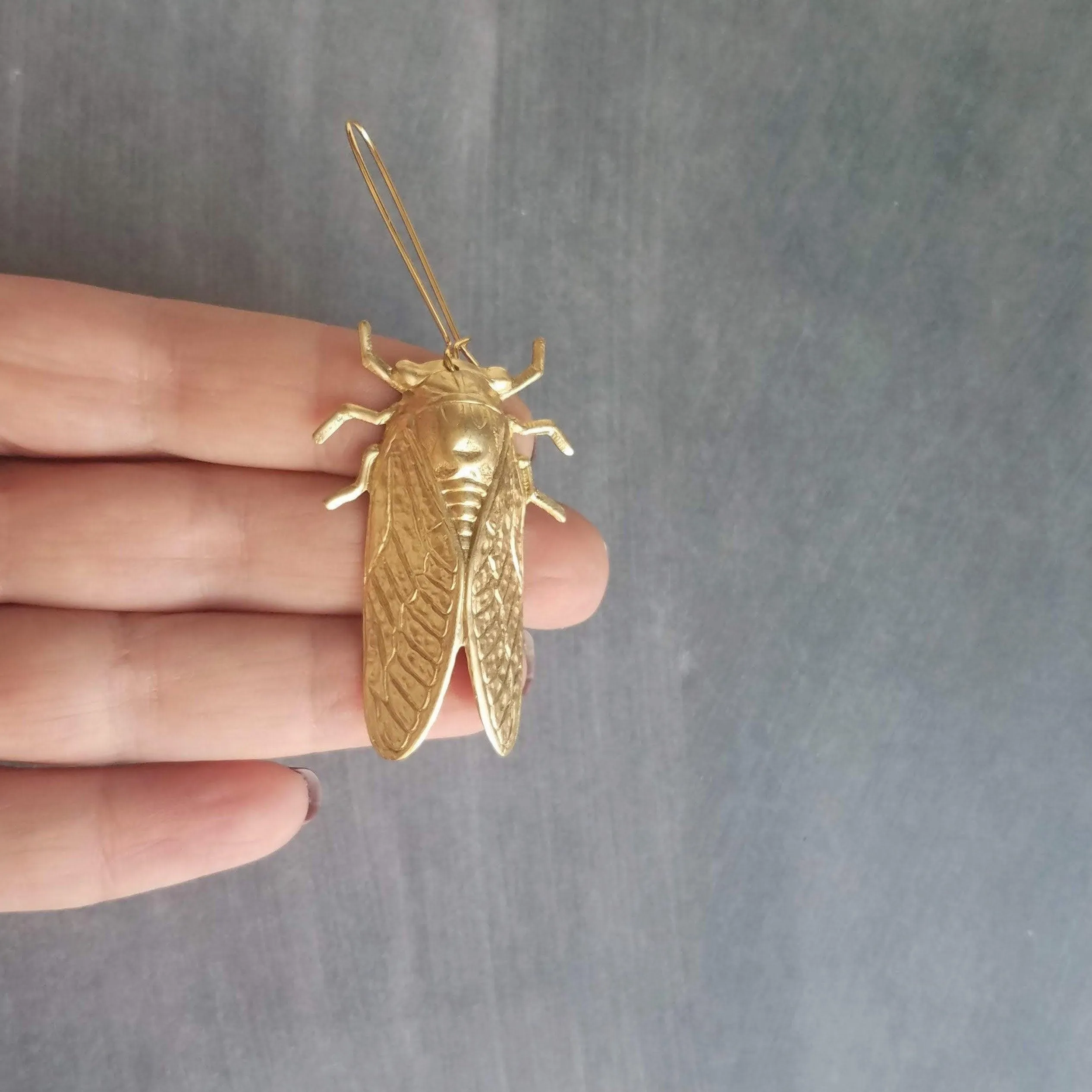Large Cicada Earrings, gold bug earring, huge gold insect, big bug earring, gold insect jewelry, gold bug dangle, latching kidney ear hook
