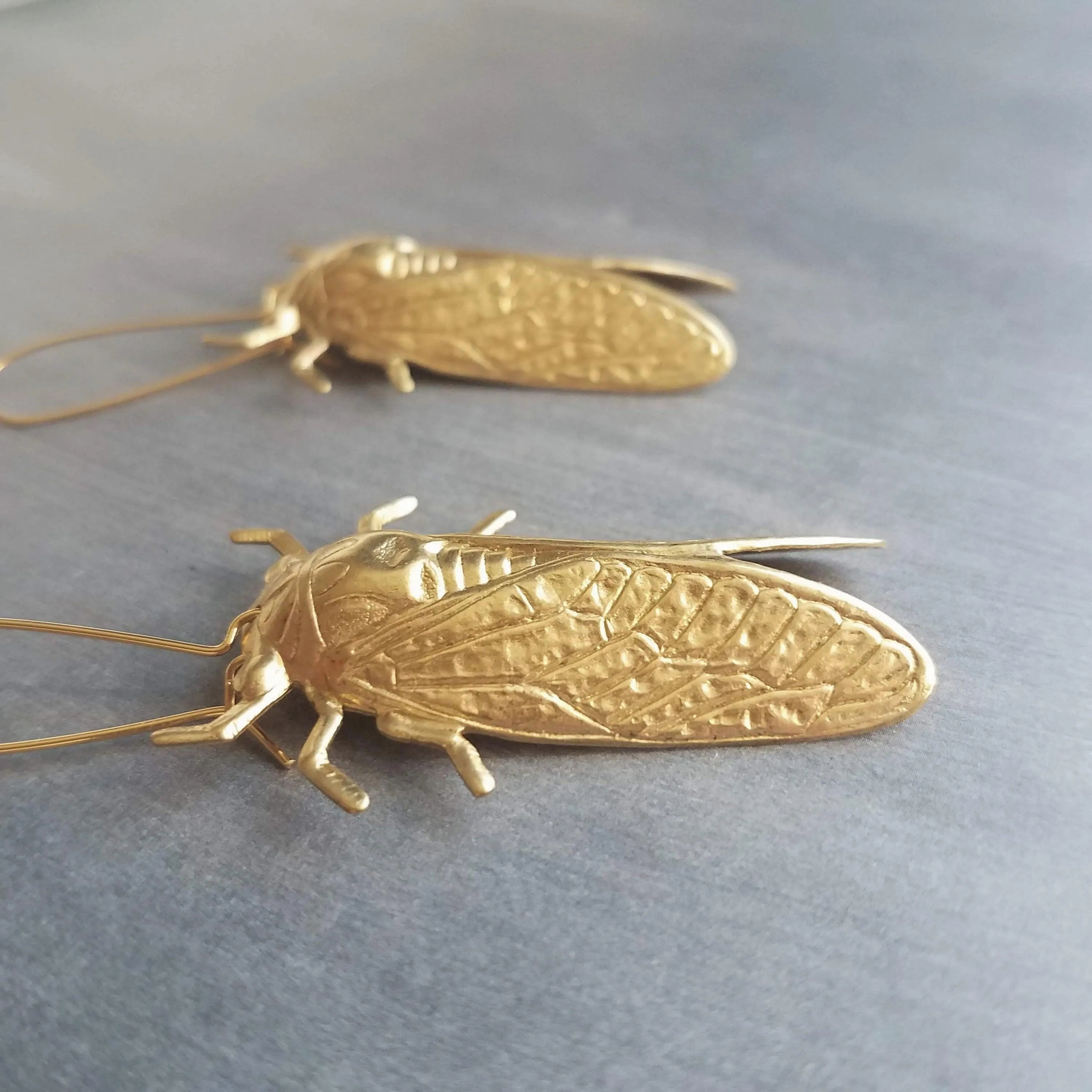 Large Cicada Earrings, gold bug earring, huge gold insect, big bug earring, gold insect jewelry, gold bug dangle, latching kidney ear hook