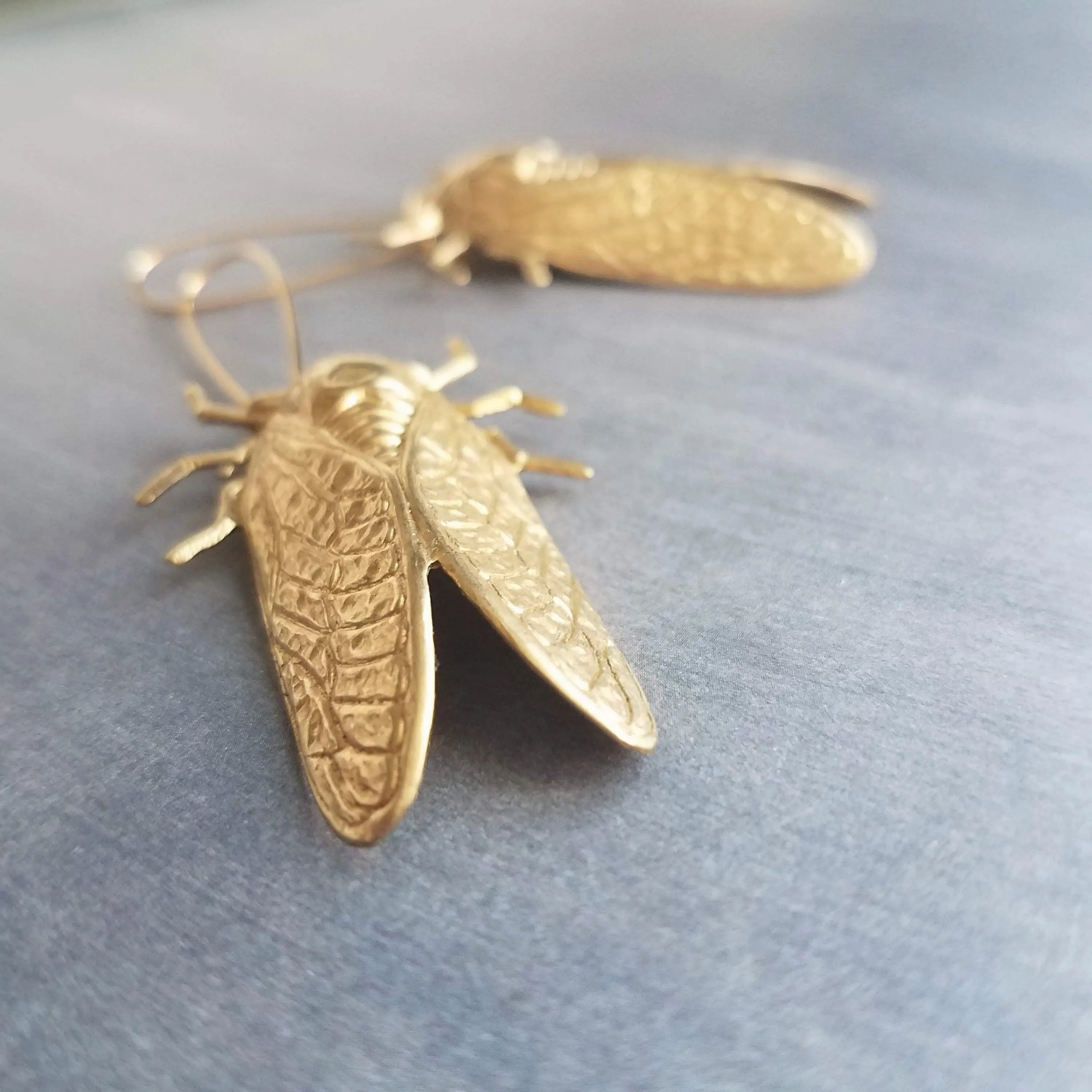 Large Cicada Earrings, gold bug earring, huge gold insect, big bug earring, gold insect jewelry, gold bug dangle, latching kidney ear hook