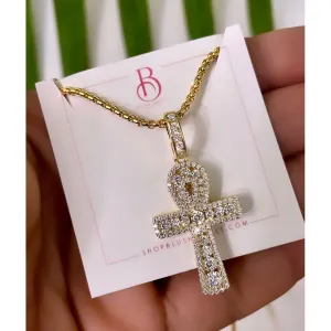 Large Gold Crystal Ankh Necklace