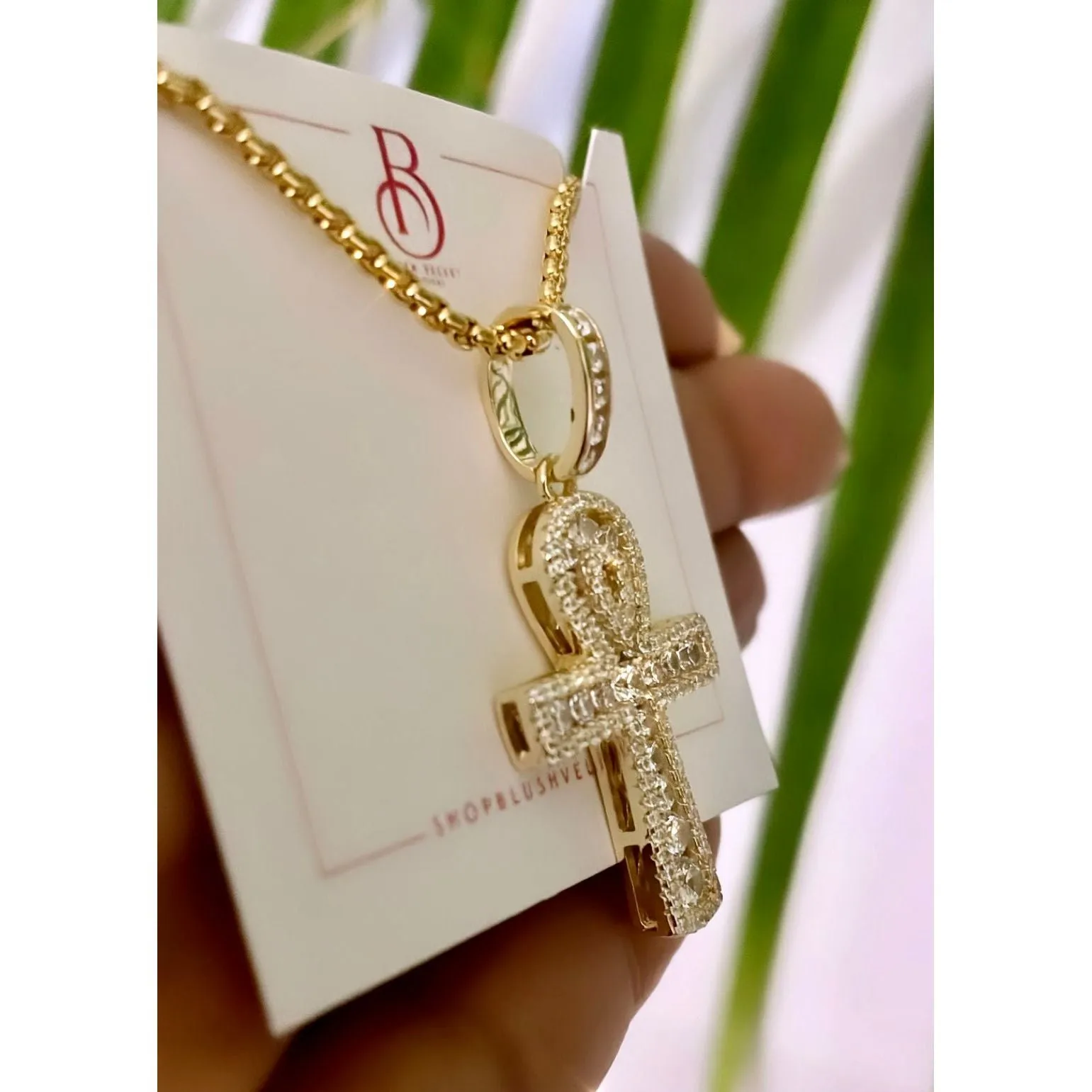Large Gold Crystal Ankh Necklace