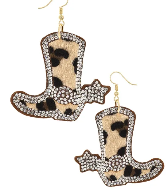 Leopard Print Crystal Cowboy Boot Dangle Earrings RM32260LEP